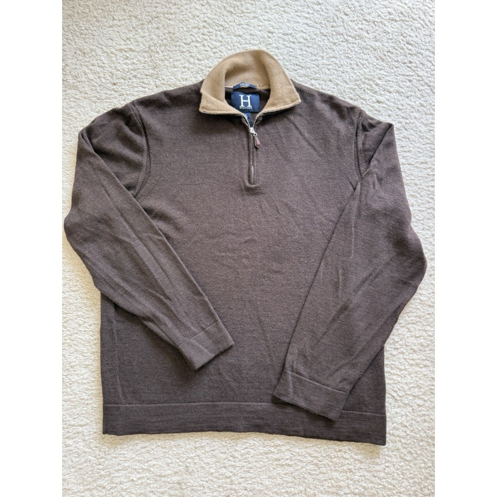 HILFIGER 1/4 Zip Sweater Men's L Brown 100% Merino Wool Made In Italy Mock Neck